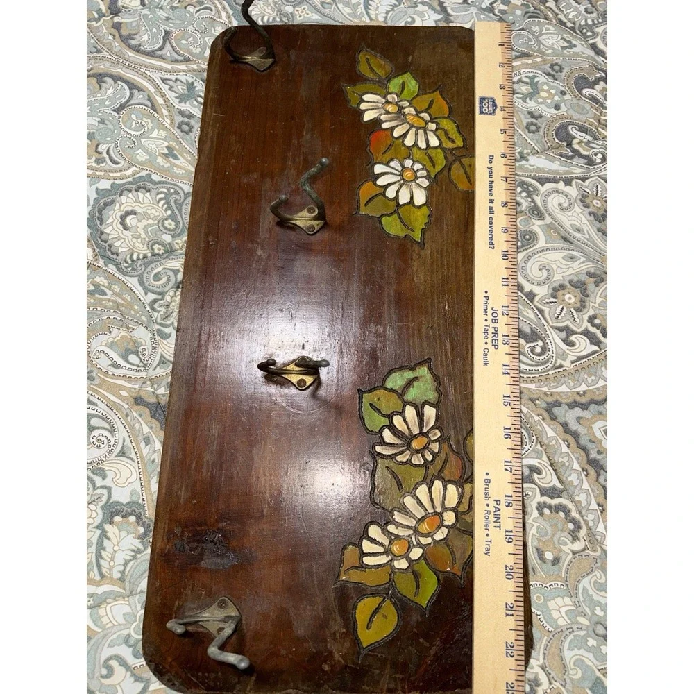 Vintage‎ Wood 4  Brass Hook Floral Hand Engraved Signed Wall Coat Rack Farmhouse